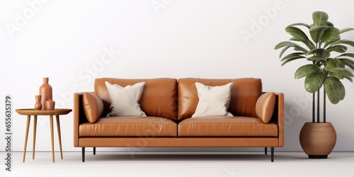 Living Room Wall Mockup Featuring A Leather Sofa And Decor Against A White Backdrop © Ян Заболотний