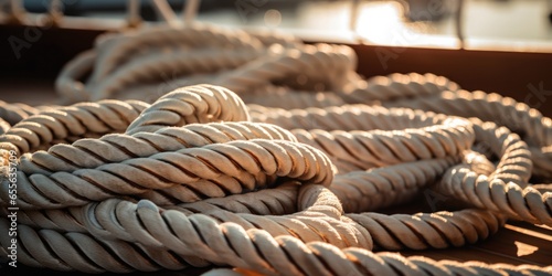 Boat Ropes Neatly Coiled On The Deck, Ready For Action . Сoncept Marine Safety Equipment, Boat Maintenance, Deck Organization, Ready For Boating