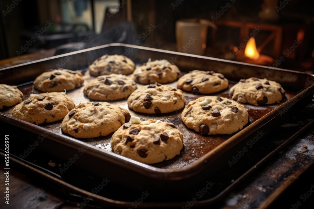 homemade cookies on a baking tray, fresh out of the oven