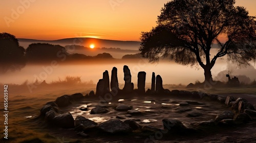 Stone circle at dawn, surrounded by mist and ancient symbols 