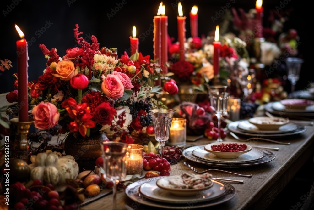 festive table setting with candles, plates, and floral centerpiece festive table setting with candles, plates, and floral centerpiece