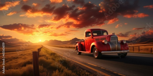A Red Truck Gracefully Cruising During A Beautiful Sunset