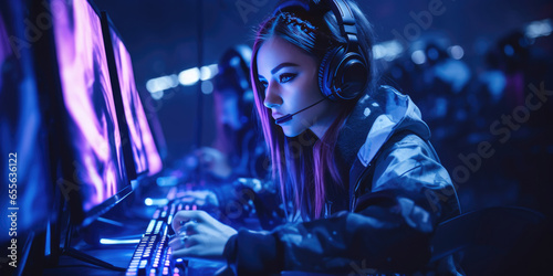 A Proficient Gamer Girl And Her Team Engrossed In An Esports Cyber Games Tournament, With Headphones On And Strategic Commands Flowing Through The Microphone
