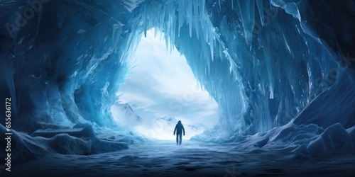 A Person Stands Within The Icy Confines Of An Enchanting Ice Cave . Сoncept Ice Formations, Frozen Beauty, Winter Wonderland, Mystical Atmosphere