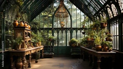 "Victorian-era greenhouse with exotic plants and intricate ironwork