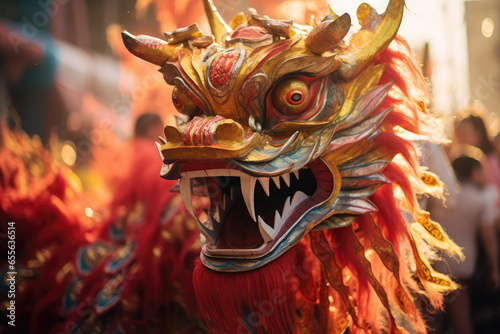 a large red dragon is worn by a person at the chinese new year ceremony