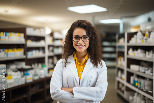 Friendly young female woman professional pharmacist with arms crossed in lab white coat standing in pharmacy shop or drugstore in front of shelf with medicines. Health care concept.