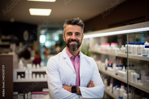 Portrait of smiling adult mature friendly male professional pharmacist with arms crossed in lab white coat standing in pharmacy shop or drugstore in front of shelf with medicines. Health care concept.