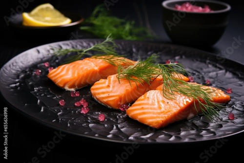 matte-black plate with salmon fillets and dill garnish