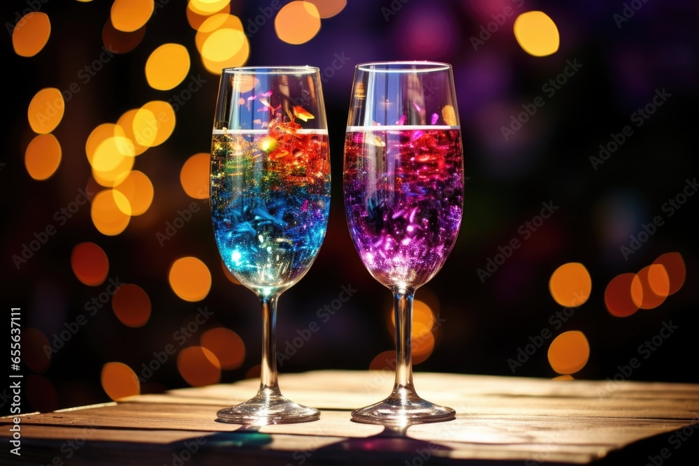 pair of wine glasses filled with sparkling beverage pair of wine glasses filled with sparkling beverage