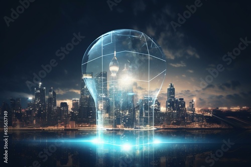 Futuristic cityscape with illuminated lamp bulb representing technology development. Generative AI