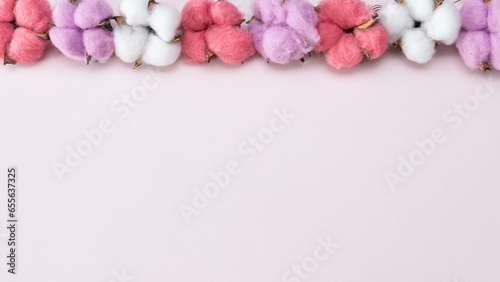 Fototapeta Naklejka Na Ścianę i Meble -  art and craft equipment on a pale pink background, invitation mockup, pink white purple cotton plans 
