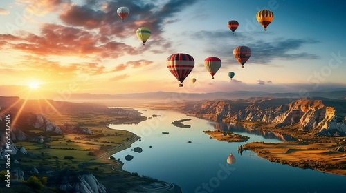 Hot air balloons drifting over a picturesque landscape