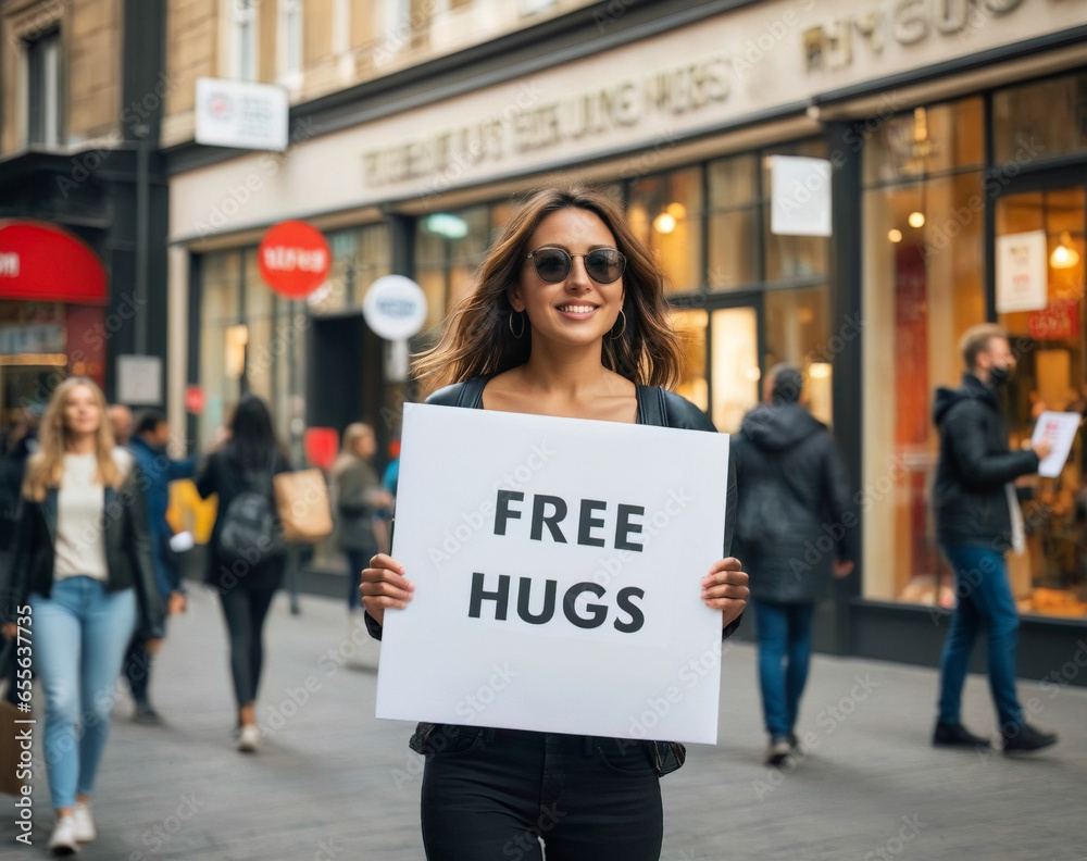 young beautiful woman with long hair wearing sunglasses giving free hugs in the streets of the city among the crowd - obrazy, fototapety, plakaty 