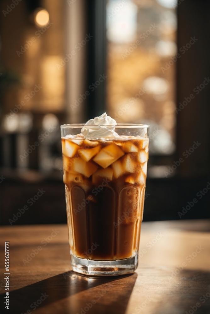 Iced coffee in a glass on a wooden table in a cafe Iced coffee in a glass on a wooden table in a cafe