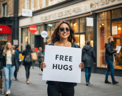 Tela young beautiful woman with long hair wearing sunglasses giving free hugs in the