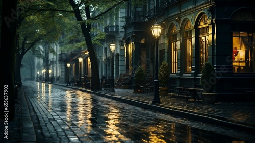 Noir-inspired rainy street, dramatic shadows and reflections