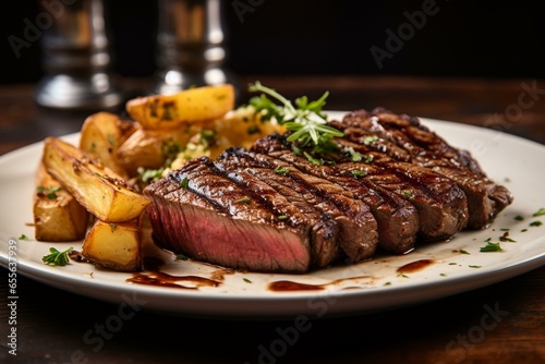 Grilled steak on a plate, restaurant dinner. Generative AI