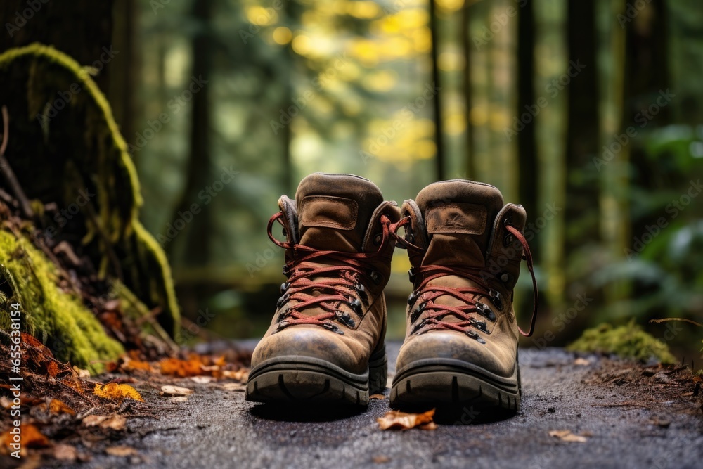hiking boots on a forest path hiking boots on a forest path