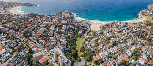 Panoramic aerial drone view of the beachside suburbs of Bronte, Tamarama and Bondi, looking in the east direction in Sydney, NSW Australia on a sunny morning  photo