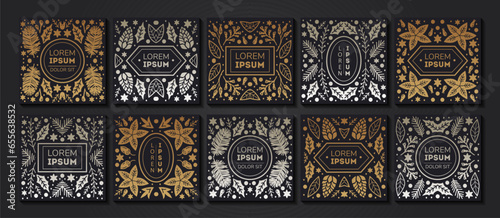 Vector set of luxury floral patterns, invitation cards, banners. Merry Christmas sketch winter flowers design Package for perfume, jewelry