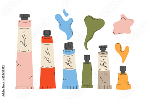 A set of paints in bright colorful tubes. A tube of oil paint, acrylic, gouache or watercolor. Trendy modern vector illustration isolated on white background, hand drawn, flat design