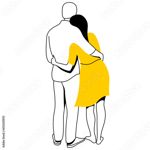 vector trendy linear image of a cute couple of lovers embracing each other. guy hugs his girlfriend. tender hugs. useful for valentine's day cards, web, graphic design, print, posters, banners, gift