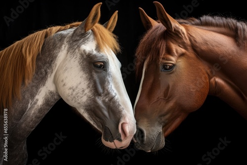 two horses nuzzling each others noses