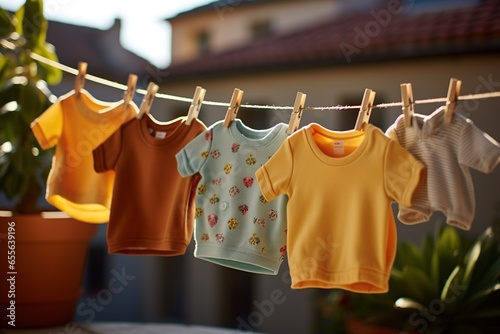 Baby clothes drying on washing line, generative ai photo
