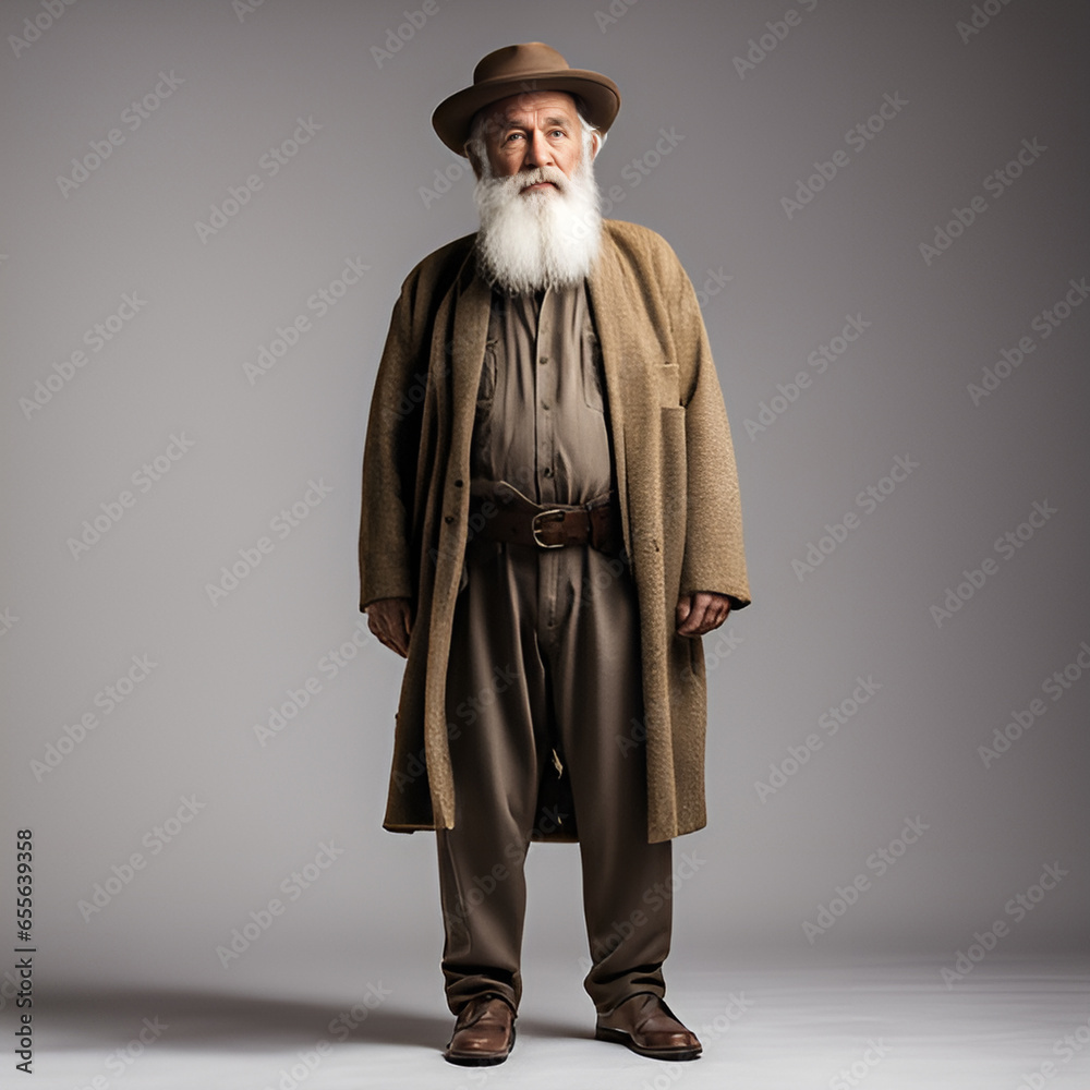 Captivating Imagery: Exploring the long beard old Man wear hat and brown Coat with the light brown Color Isolated Background
