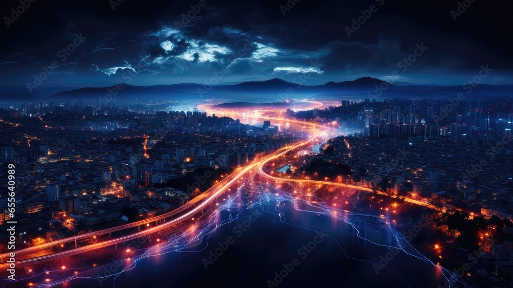 Nighttime Cityscape. Aerial View of Busy City Roads