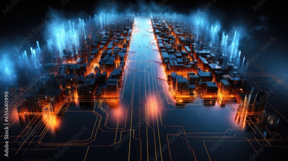 Fototapeta premium Nighttime Cityscape. Aerial View of Busy City Roads