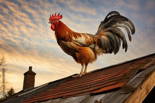 Fotografija a rooster crowing on top of a barns roof