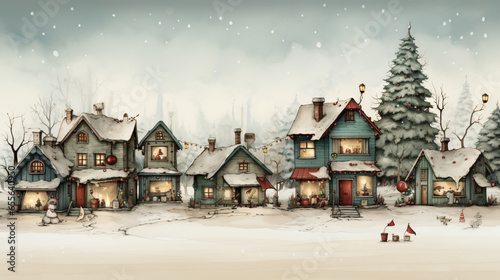 Houses decorated in christmas festivities with snowy background and bright lights