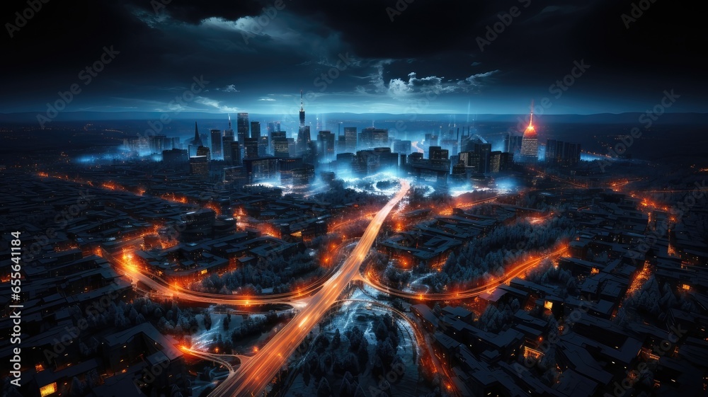 Aerial Night Cityscape. Bustling Urban Roads at Night