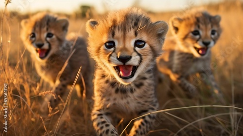 Alert cheetah cubs playfully chasing each other 