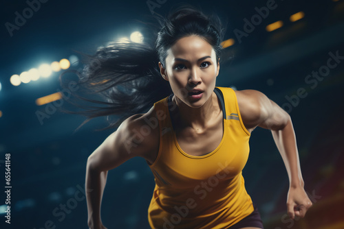 a determined Asian female athlete in action at a sports arena under vibrant stadium lights