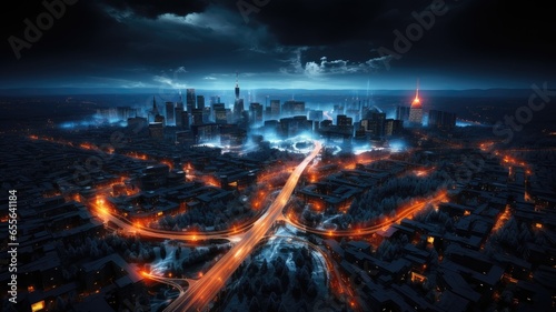 Aerial Night Cityscape. Bustling Urban Roads at Night