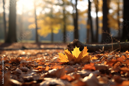 A photograph of a serene autumn landscape golden leaves cover the ground photo