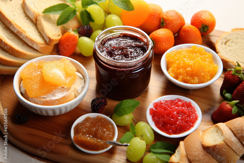Close-up photo shot of various fruits jams and different condiments display mock-up