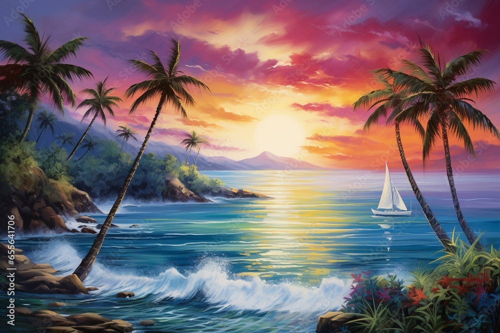 Tropical seascape featuring yacht amidst palm trees. Generative AI