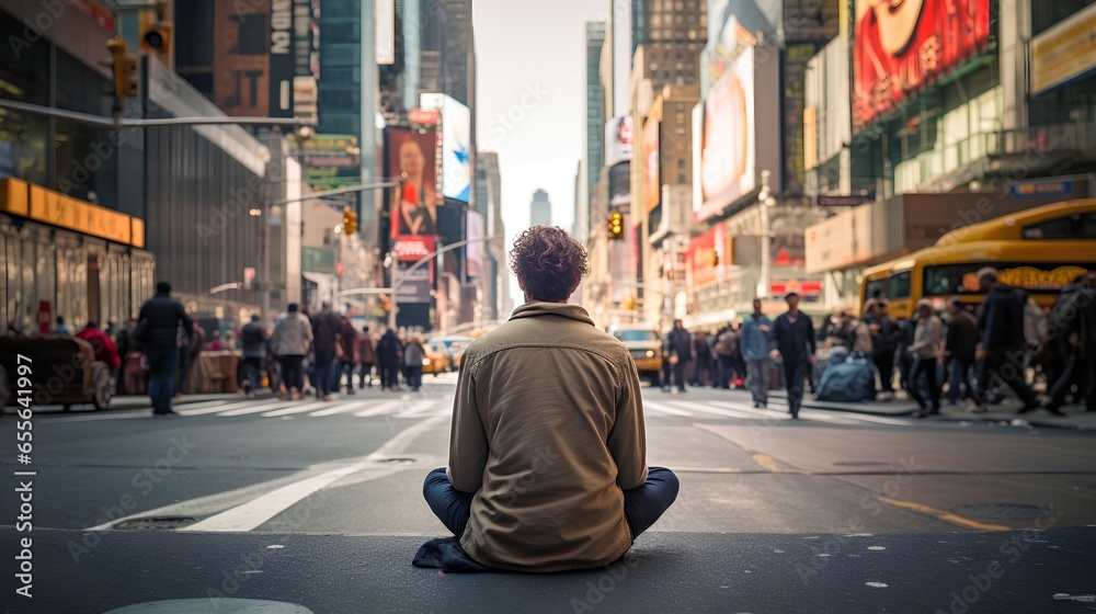 Man sitting with crossed legs on the ground in urban city environment, practicing mindfulness and meditation. He is deeply focused, calm and isolated from rush, embodying tranquility and inner peace.