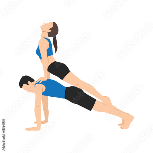 Young couple practicing yoga together, upward facing dog on top of plank pose. Flat vector illustration isolated on white background