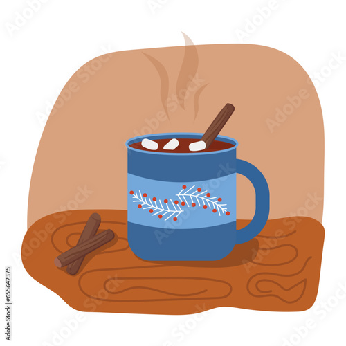 Mug with autumn - winter drink with marshmallows and cinnamon. Autumn and winter holidays. Coffee, cocoa, cappuccino and marshmallows.