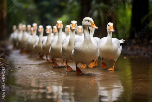 ducks walking in a single file photo