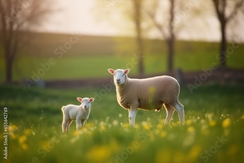A sheep and lamb in a picturesque field