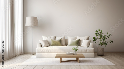 Front view of living room with minimalist decoration in light tones with sofa lamp and table, natural lighting