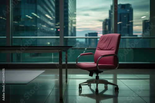 empty chair in front of a corporate office desk