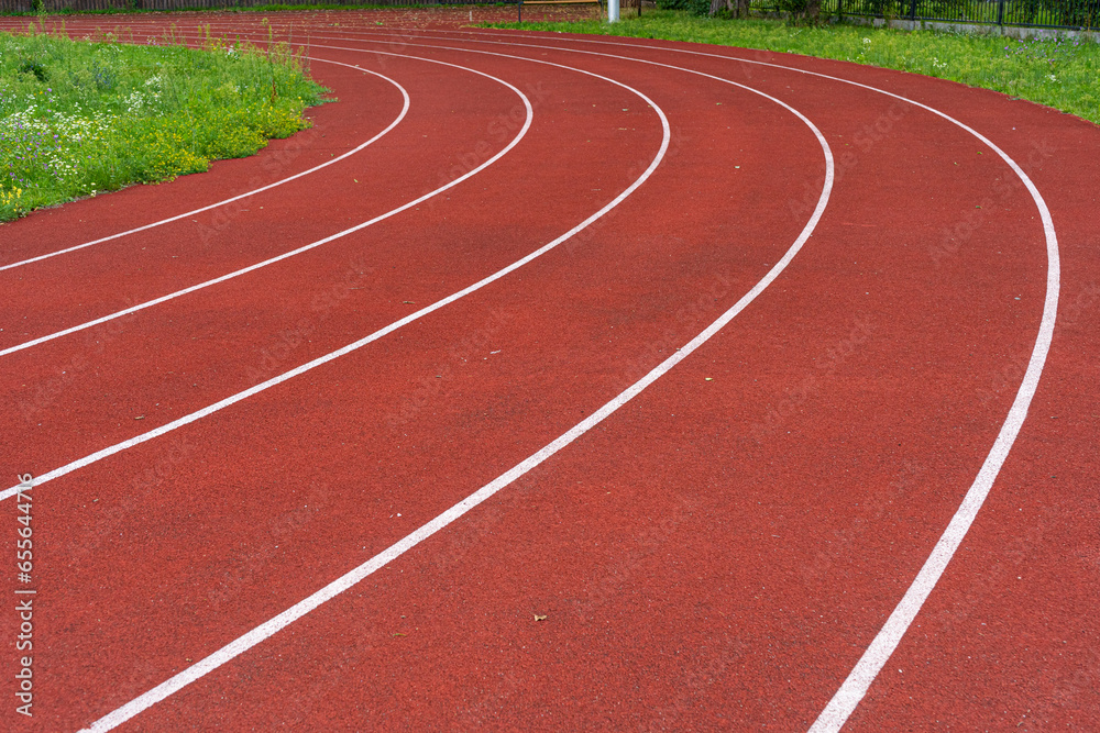 Fototapeta premium Red Stadium Coverage Texture, Treadmill Textured Background, Jogging Field Pattern, Rubber Crumb Track