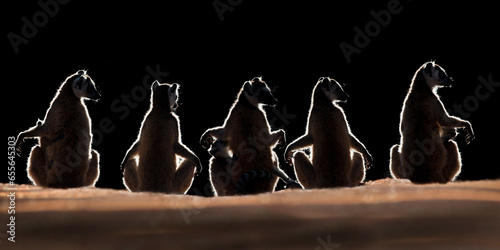 Ring-tailed lemurs (Lemur catta) back lit and sun bathing at first light. Berenty Private Reserve, southern Madagascar. 